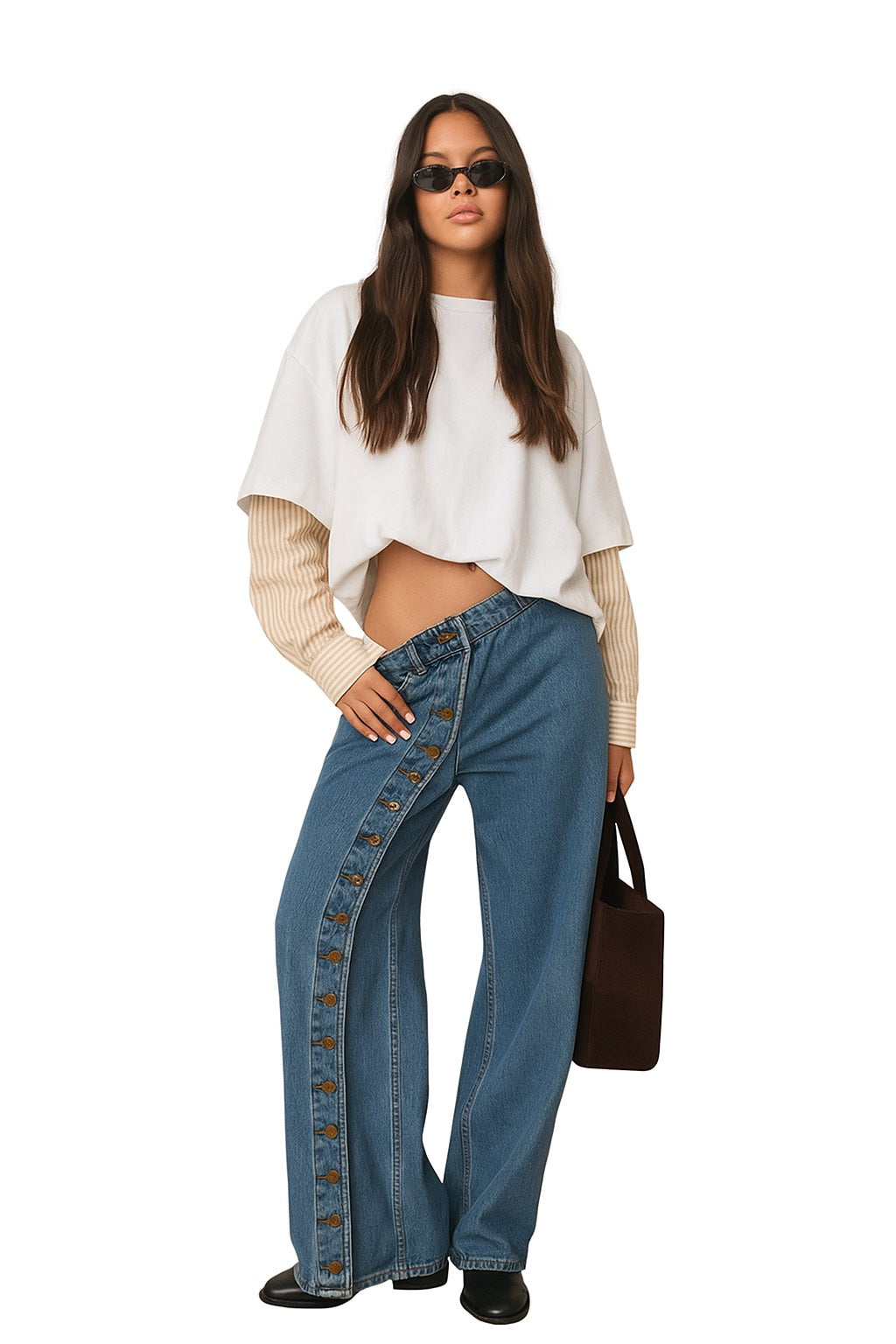 Asymmetrical Button Wide-Leg Jeans